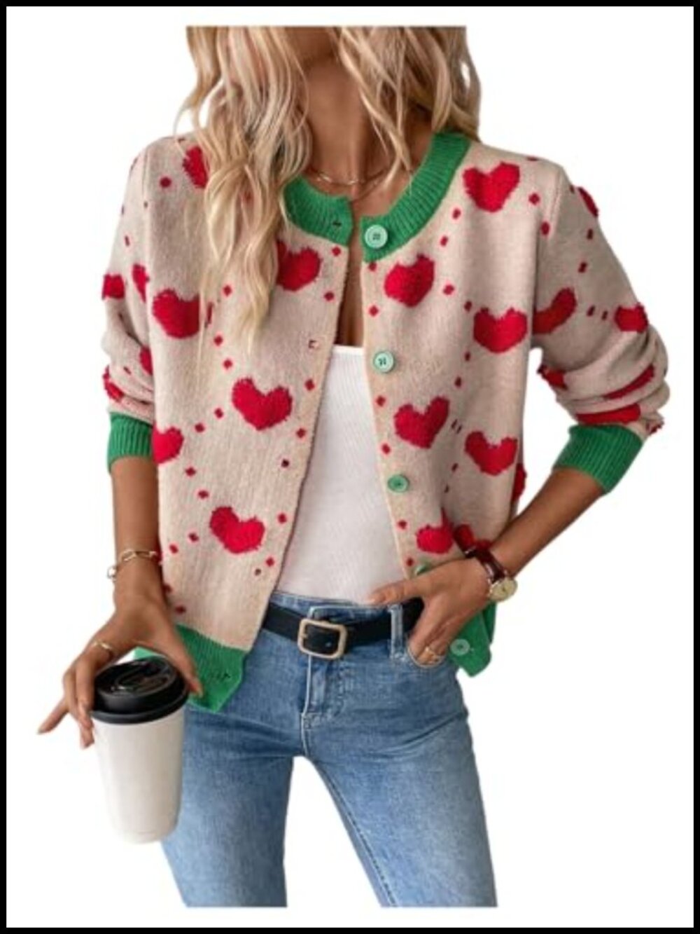 Chunky Knit Heart Cardigan Long Sleeve Button Down Fall Winter Cute Sweater